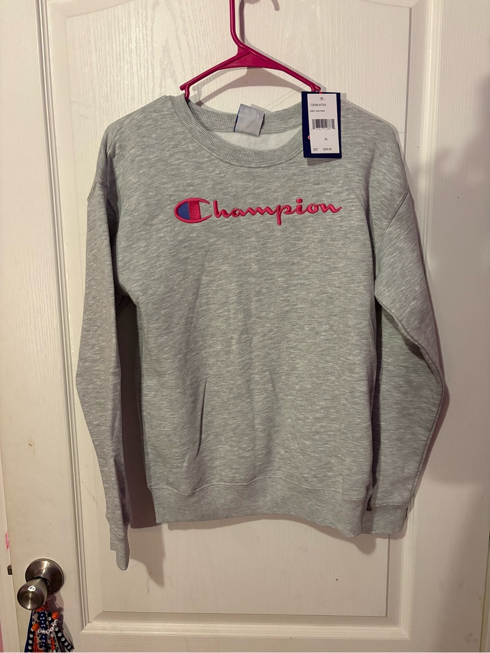 Champion Light Gray Crewneck with Pink Script Logo and Blue Accent